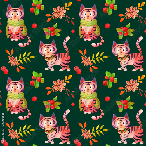Watercolor Christmas pattern with cute tigers and colorful plants