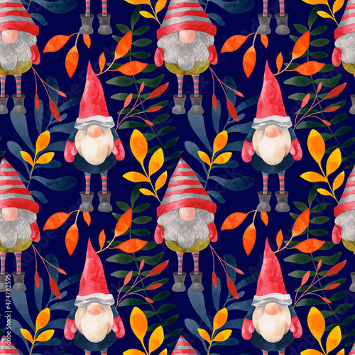 Watercolor Christmas pattern with funny gnomes
