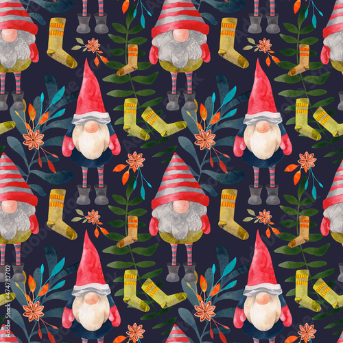 Watercolor Christmas pattern with funny gnomes