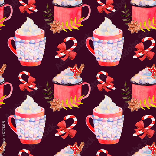 Watercolor Christmas pattern with hot winter drinks