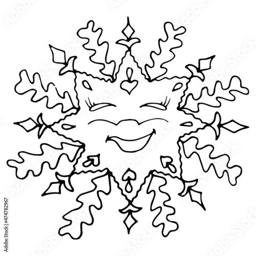 Kawaii snowflake isolated. Hand drawn vector illustration in doodle stile. Suitable for prints, greeting cards and invitations, t-shirt designs, covers and fabrics. 