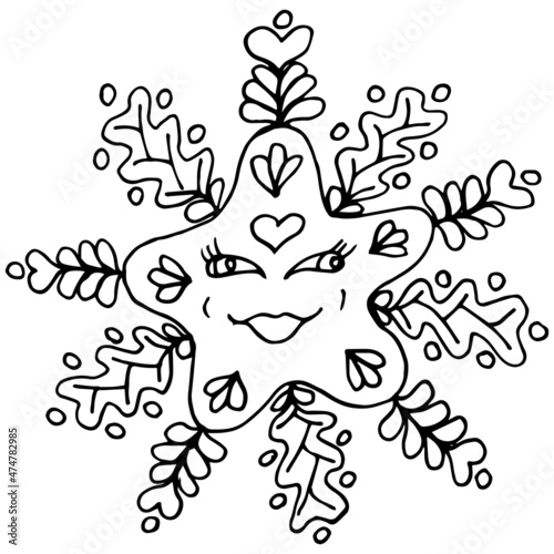 Kawaii snowflake isolated. Hand drawn vector illustration in doodle stile. Suitable for prints  greeting cards and invitations  t-shirt designs  covers and fabrics. 