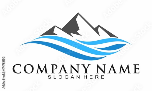 Rock mountain and sea wave logo design