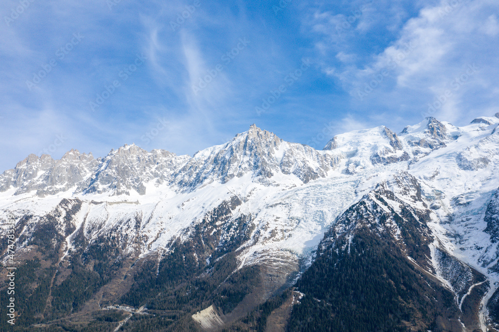 The Mont Blanc massif in Europe, France, the Alps, towards Chamonix, in spring, on a sunny day.