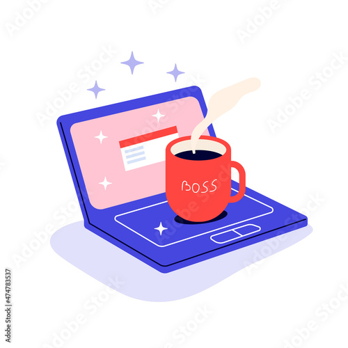 Female business owner laptop  with BOSS cup. Isolated, vector icon.