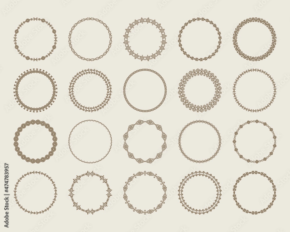 Large set of decorative ornament borders. Elegant abstract round patterned borders. Set of circular vintage frames. Vector. Large set of decorative ornament borders. Elegant abstract round patterned borders. Set of circular vintage frames. Vector.