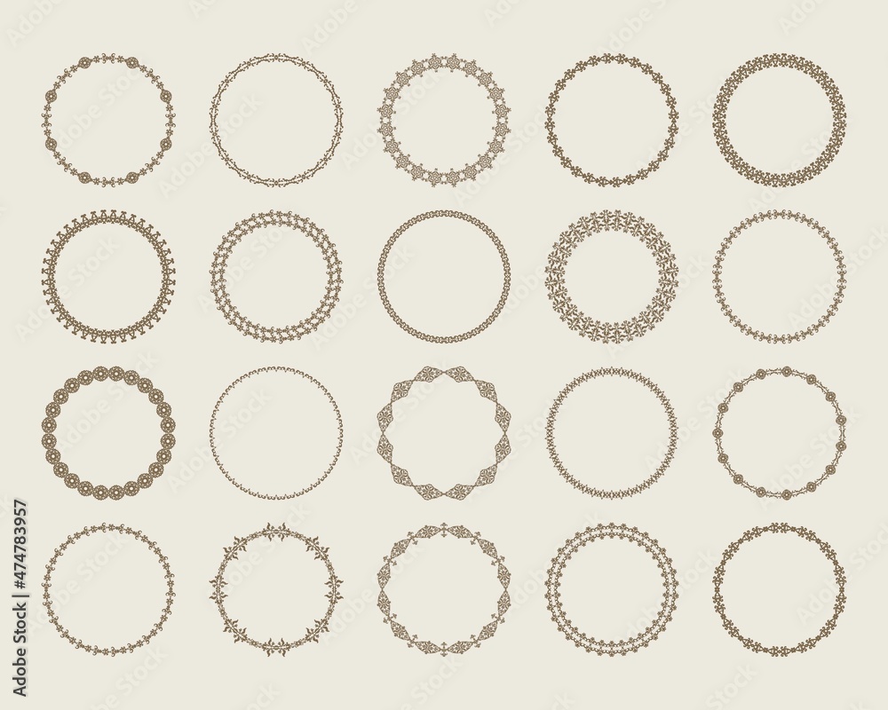 Large set of decorative ornament borders. Elegant abstract round patterned borders. Set of circular vintage frames. Vector.