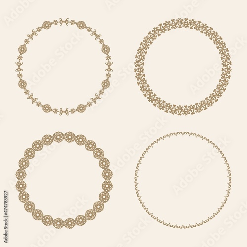 Set of 4 decorative circle border frames. Round borders. Elegant decor in oriental style. Place for text. Ornament for cards and invitations.