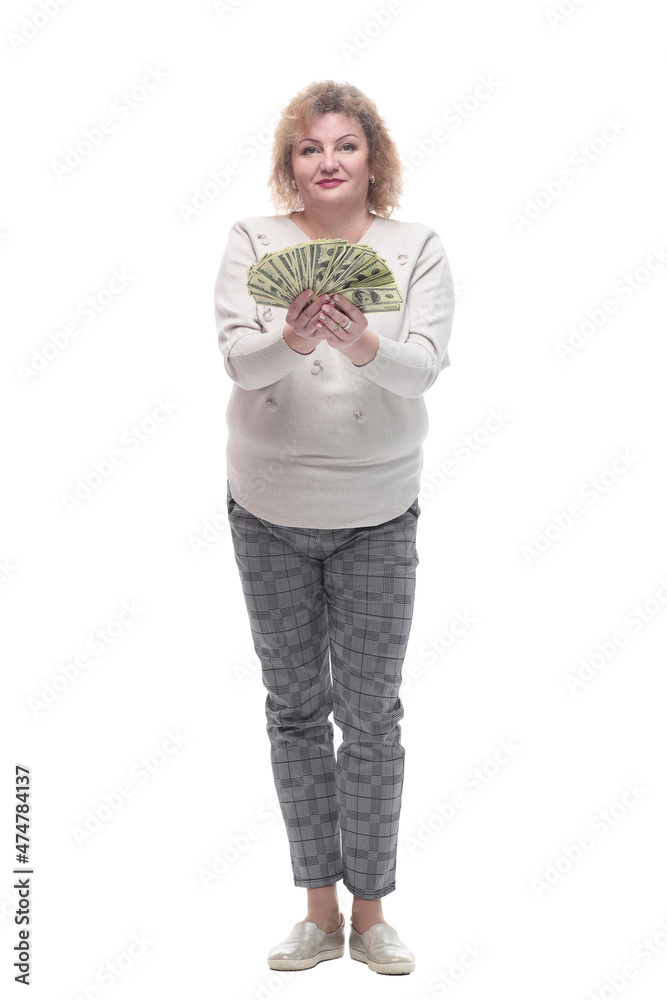 in full growth. happy adult woman with banknotes. in full growth. happy adult woman with banknotes.