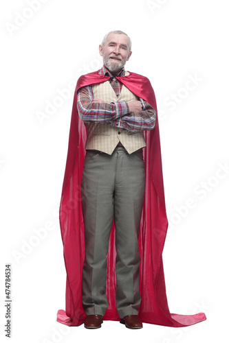 confident older man in a superhero Cape.
