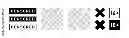 Set of pixel censored signs elements. Black censor bar concept. Blurred grey censorship background. Vector illustration photo