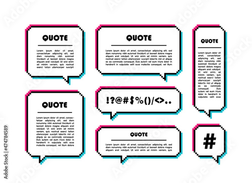 Set different shape pixel glitch speech bubble. Glitch geometric texting dialogue boxes. Colored quote box speech bubble. Modern vector illustration