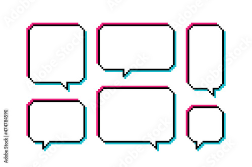 Set different shape pixel glitch speech bubble. Glitch geometric texting dialogue boxes. Colored quote box speech bubble. Modern vector illustration