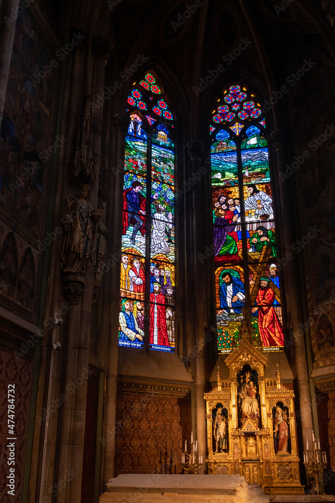 Interior view of church stained glass windows in Vienna