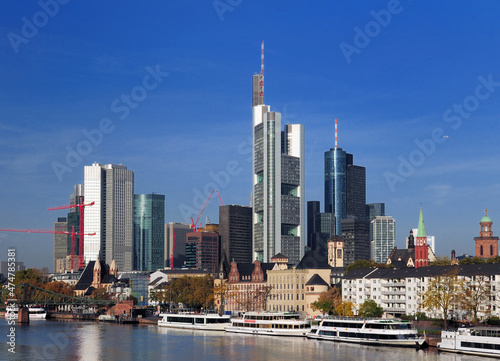 View From The Main River To The Skyline Of The Banker s City Frankfurt Am Main In Hesse Germany On A Beautiful Autumn Day With A Clear Blue Sky And A Few Clouds