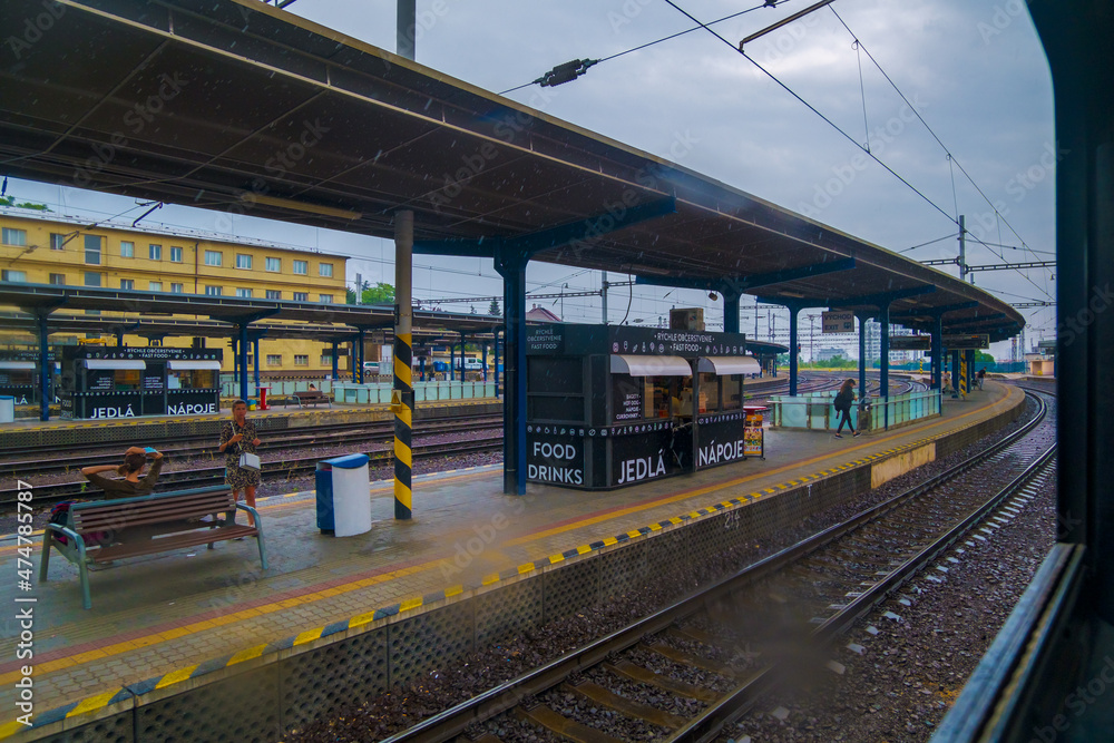 BRATISLAVA, SLOVAKIA - JULY 11, 2021: View of Bratislava train station on a rainy day BRATISLAVA, SLOVAKIA - JULY 11, 2021: View of Bratislava train station on a rainy day