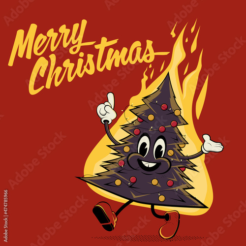 funny retro cartoon illustration of a burning christmas tree
