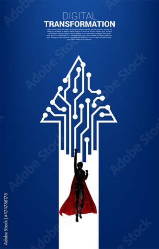 Silhouette of flying on the arrow dot connect circuit board style. concept of digital transformation of business.