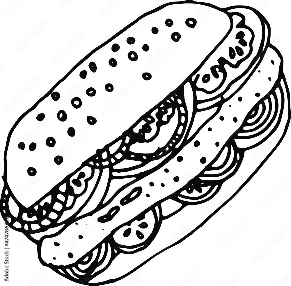 Vector hand drawn burgers and snacks objects, drawn fast food element, sandwich, street food Vector hand drawn burgers and snacks objects, drawn fast food element, sandwich, street food