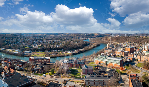 Tableau sur toile Aerial drone panoramic shot of the downtown campus of WVU in Morgantown West Vir
