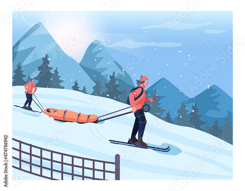 An accident victim transportation. Ski resort rescuer team. Finding people