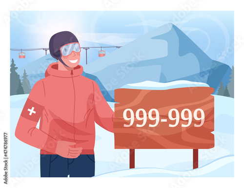 Ski resort rescuer with a emergency phone number. An accident victim