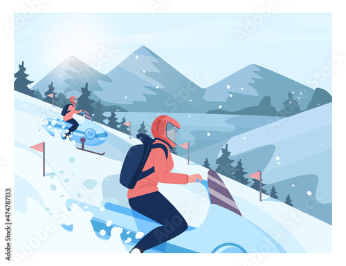 Snowmobiling. Characters in outwear and helmet driving snowmobile