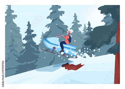Snowmobiling. Character in outwear and helmet driving snowmobile