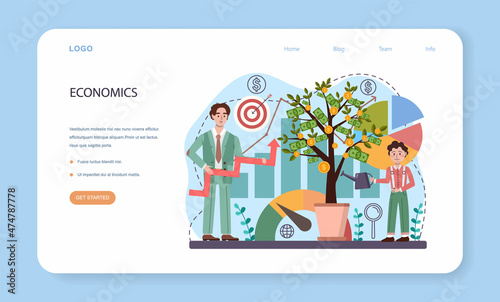 Economy school subject web banner or landing page. Student studying
