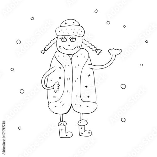 Vector outline of Santa Claus. Vector outline of the Snow Maiden. Snowing. Christmas prints. Christmas mood. Winter. Isolated. Coloring pages for children and adults. Cartoon. Freehand drawing.