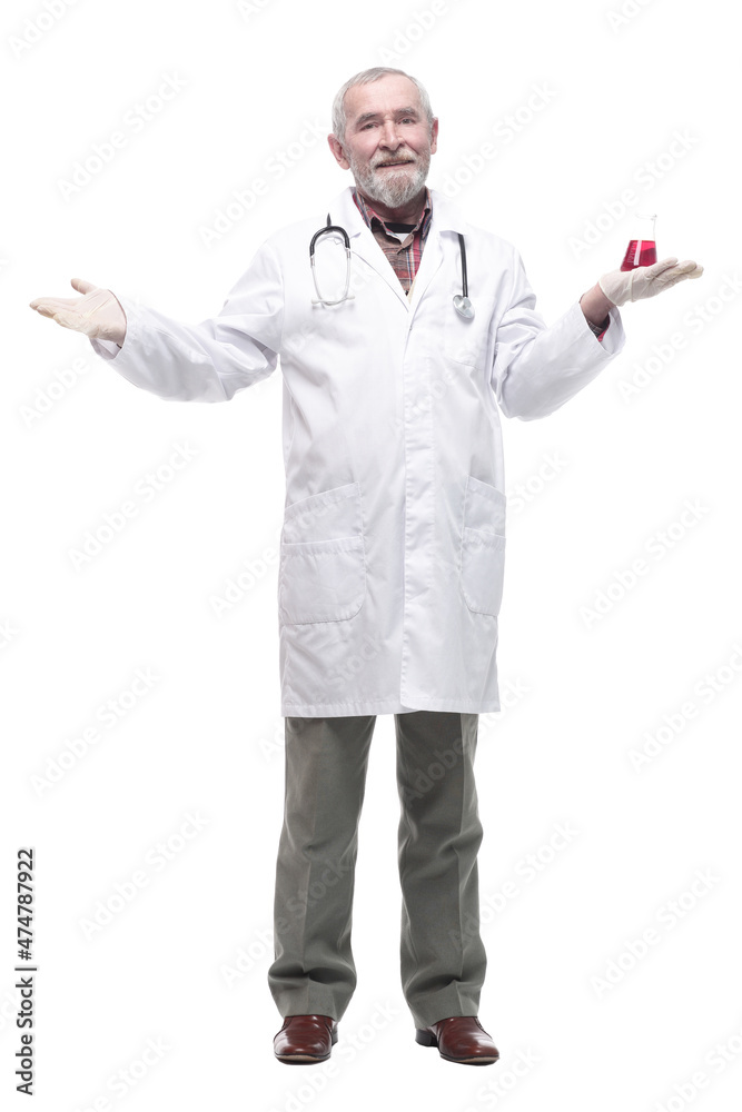 elderly competent doctor with a laboratory flask in his hands. elderly competent doctor with a laboratory flask in his hands.