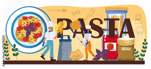 Pasta typographic header. Homemade italian food with cheese, meat