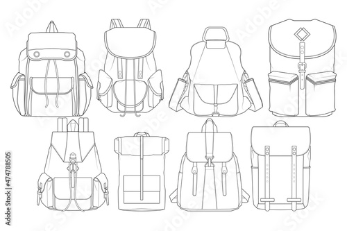 Set of backpack outline drawing vector, set of Backpack in a sketch style, trainers template outline, vector Illustration.
