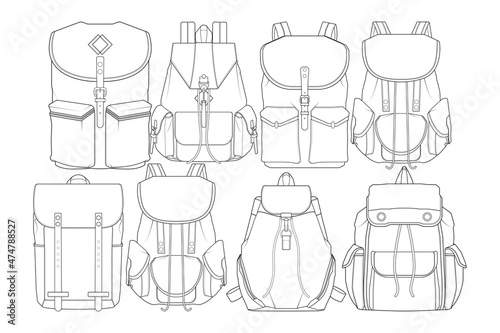 Set of backpack outline drawing vector, set of Backpack in a sketch style, trainers template outline, vector Illustration.
