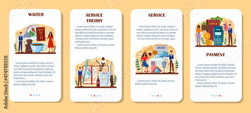 Waiter mobile application banner set. Restaurant staff in the uniform