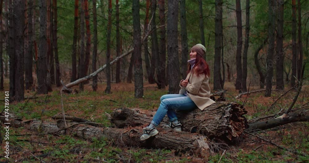 Happy young woman is sitting on a fallen log and dreaming, a fabulous forest. Beautiful coniferous forest with tall trunks of pines and firs, fluffy branches. Woman looks around and smiles. 4k, ProRes Happy young woman is sitting on a fallen log and dreaming, a fabulous forest. Beautiful coniferous forest with tall trunks of pines and firs, fluffy branches. Woman looks around and smiles. 4k, ProRes