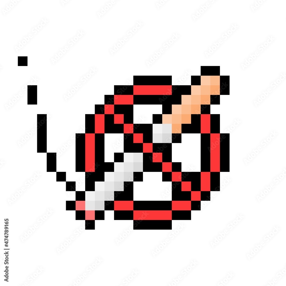 Fototapeta premium Red no smoking pixel sign. Crossed out smoking joint in 8bit pixelated circle. Ban on use of marijuana in public vector places.