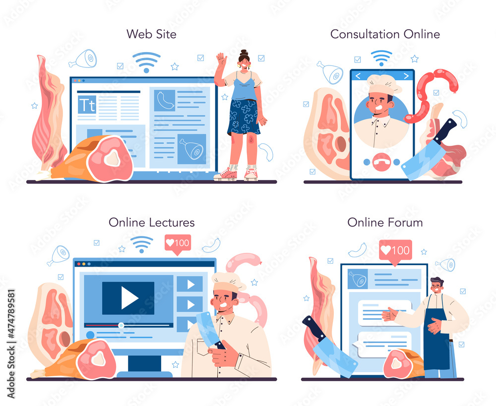 Butcher or meatman online service or platform set. Fresh meat Butcher or meatman online service or platform set. Fresh meat