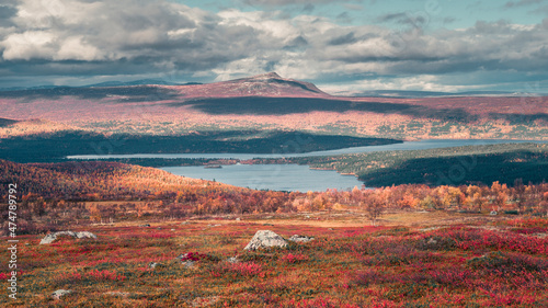 Landscape of Pieljekaise National Park in autumn with lakes and mountains in Lapland in Sweden, colored plants, dramatic light and clouds in sky. photo
