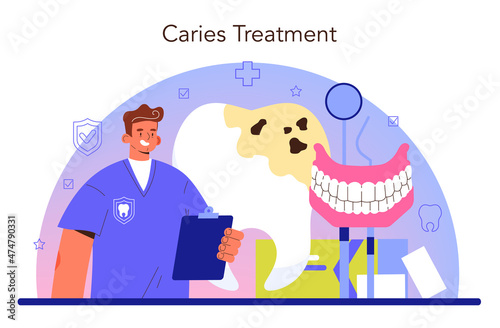 Dentist concept. Dental doctor in uniform treating human teeth