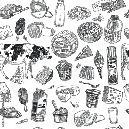 Dairy products seamless pattern. Sketchy dairy products seamless background Food vector.  photo