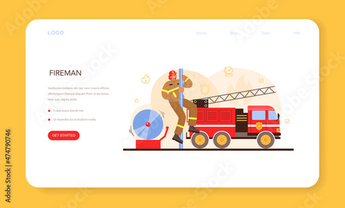 Firefighter web banner or landing page. Professional fire brigade
