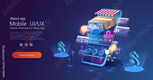 The concept of 3D online shopping on websites or in mobile applications. The concept of mobile marketing and e-commerce. Online store. Digital marketing, the concept of online store promotion.