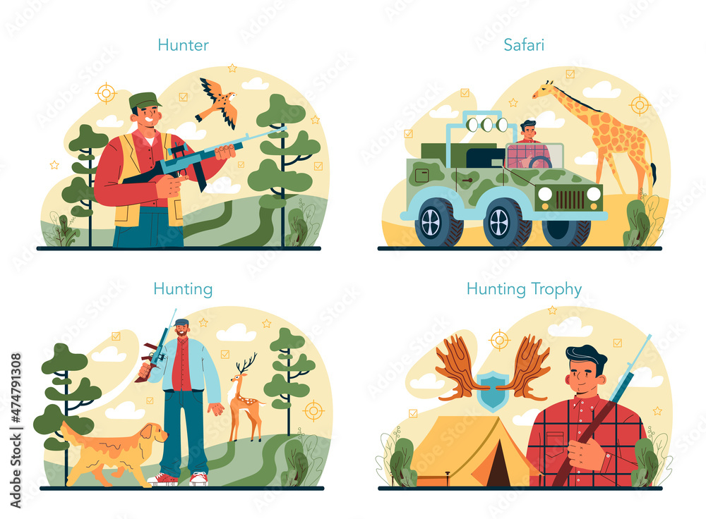 Naklejka premium Hunter set. Man with a weapon hunting in a woods with a dog. Hunting sport