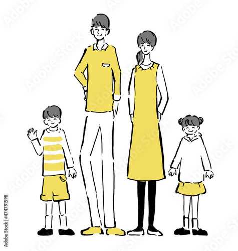 笑顔の4人家族の全身手描きイラスト　3色主線あり　黄色