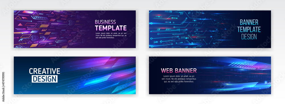 Horizontal header web background. High tech design with technological elements. Science and digital technology concept. Glowing lines for presentation. Set of modern banner templates for websites.