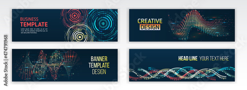 Set of Hi-tech banner templates for websites. Abstract social media cover design. Horizontal header web background. Visualization of data arrays, databases. Information flow, sorting.