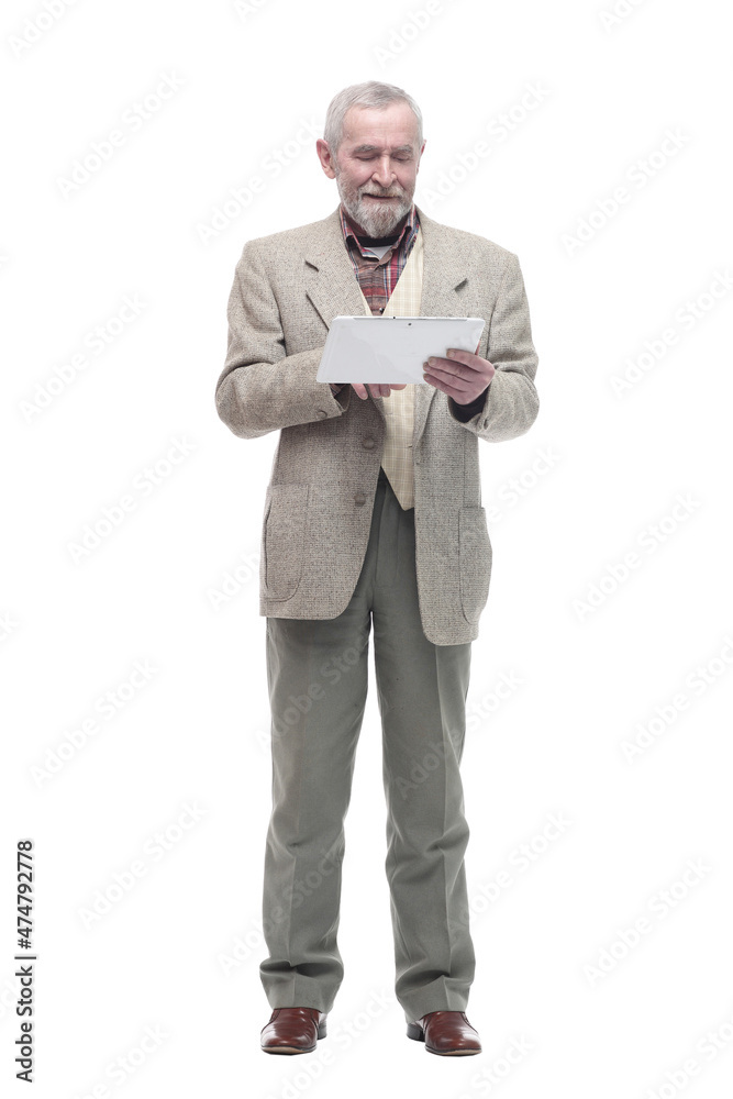 elderly business man with a digital tablet. isolated on a white elderly business man with a digital tablet. isolated on a white