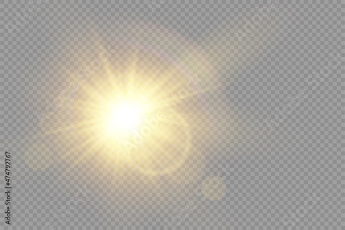 Glow bright light star, yellow sun rays, bokeh.
