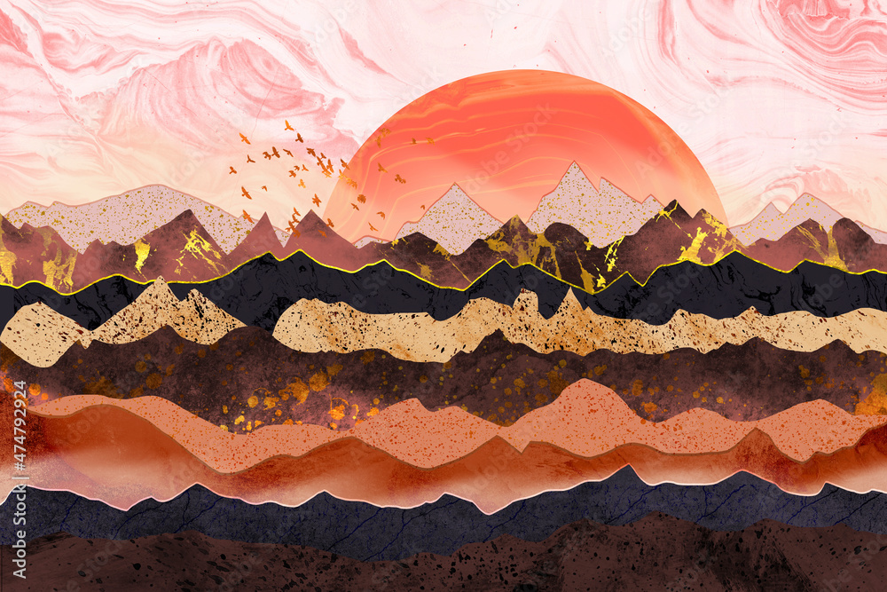 Dreamy Mountains Landscape by Red Sunset